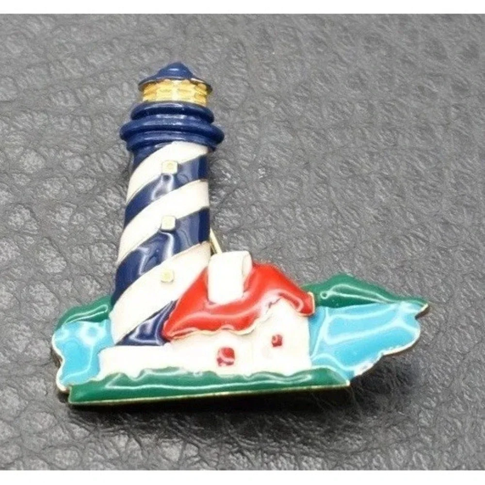 Vintage Enamel Lighthouse Pin Brooch Gold Tone Red White Blue